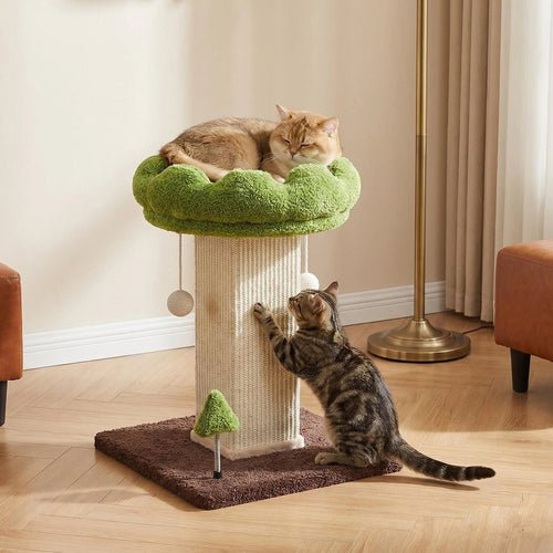 Arranhador em forma de flor com poleiro removível e bola interativa suspensa, em sisal natural, para gatos de interior