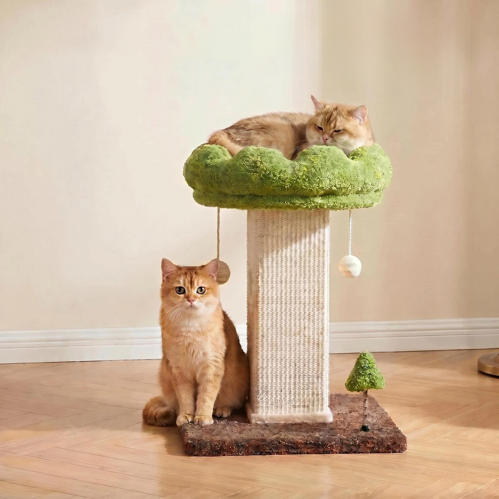Arranhador em forma de flor com poleiro removível e bola interativa suspensa, em sisal natural, para gatos de interior