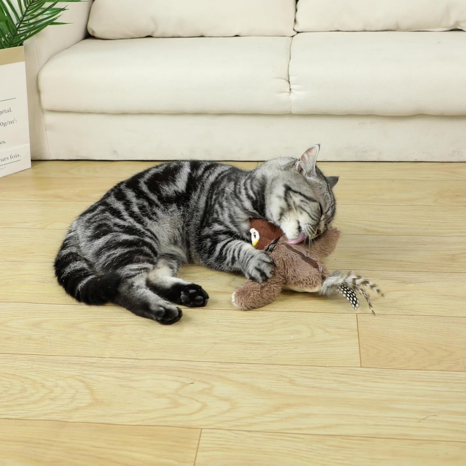 Brinquedo elétrico em forma de pássaro com catnip para gatos, recarregável via USB, em uso por gato doméstico