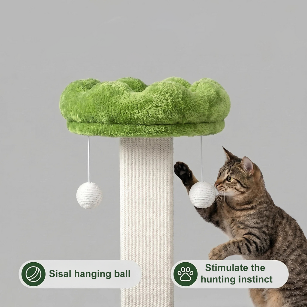 Arranhador em forma de flor com poleiro removível e bola interativa suspensa, em sisal natural, para gatos de interior