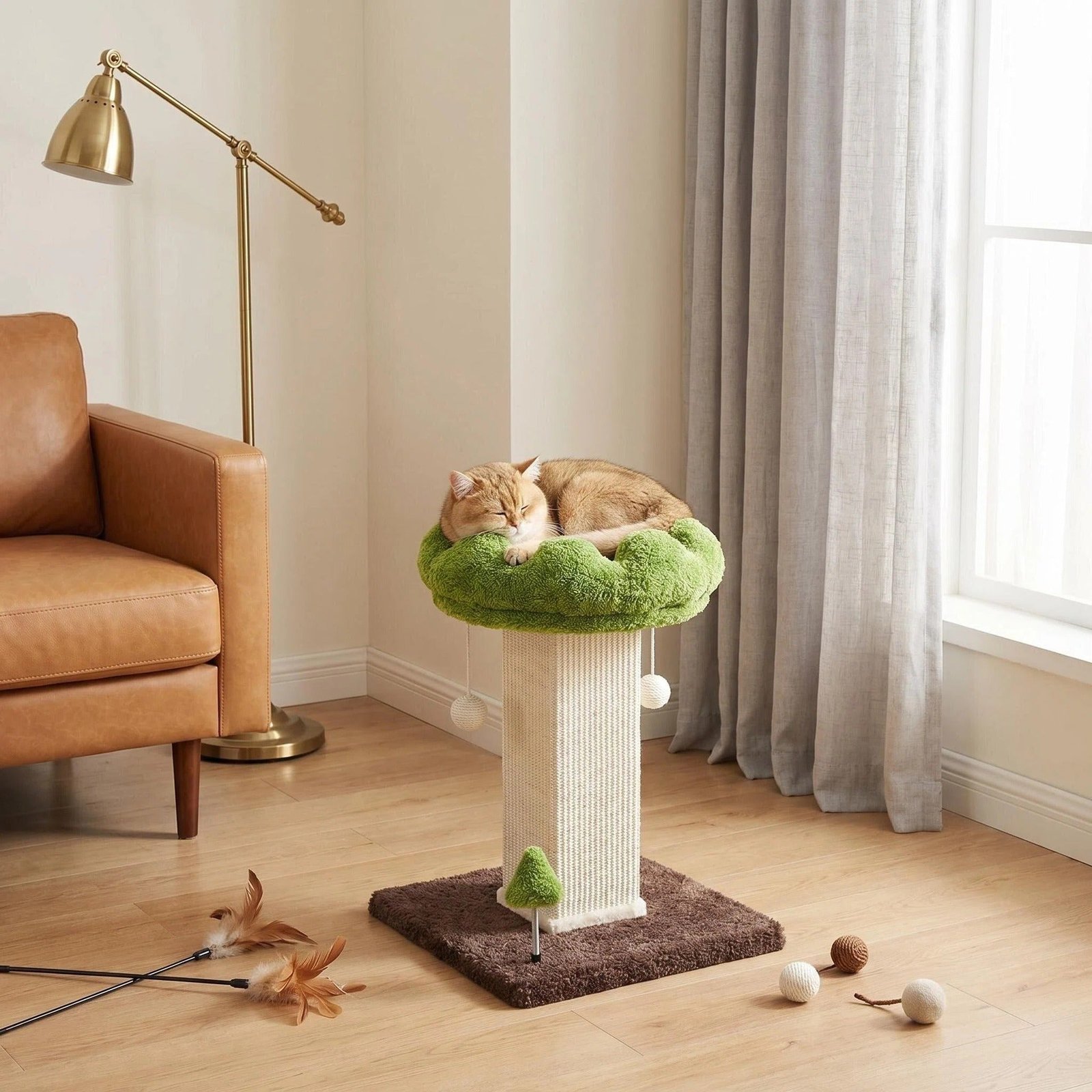 Arranhador em forma de flor com poleiro removível e bola interativa suspensa, em sisal natural, para gatos de interior