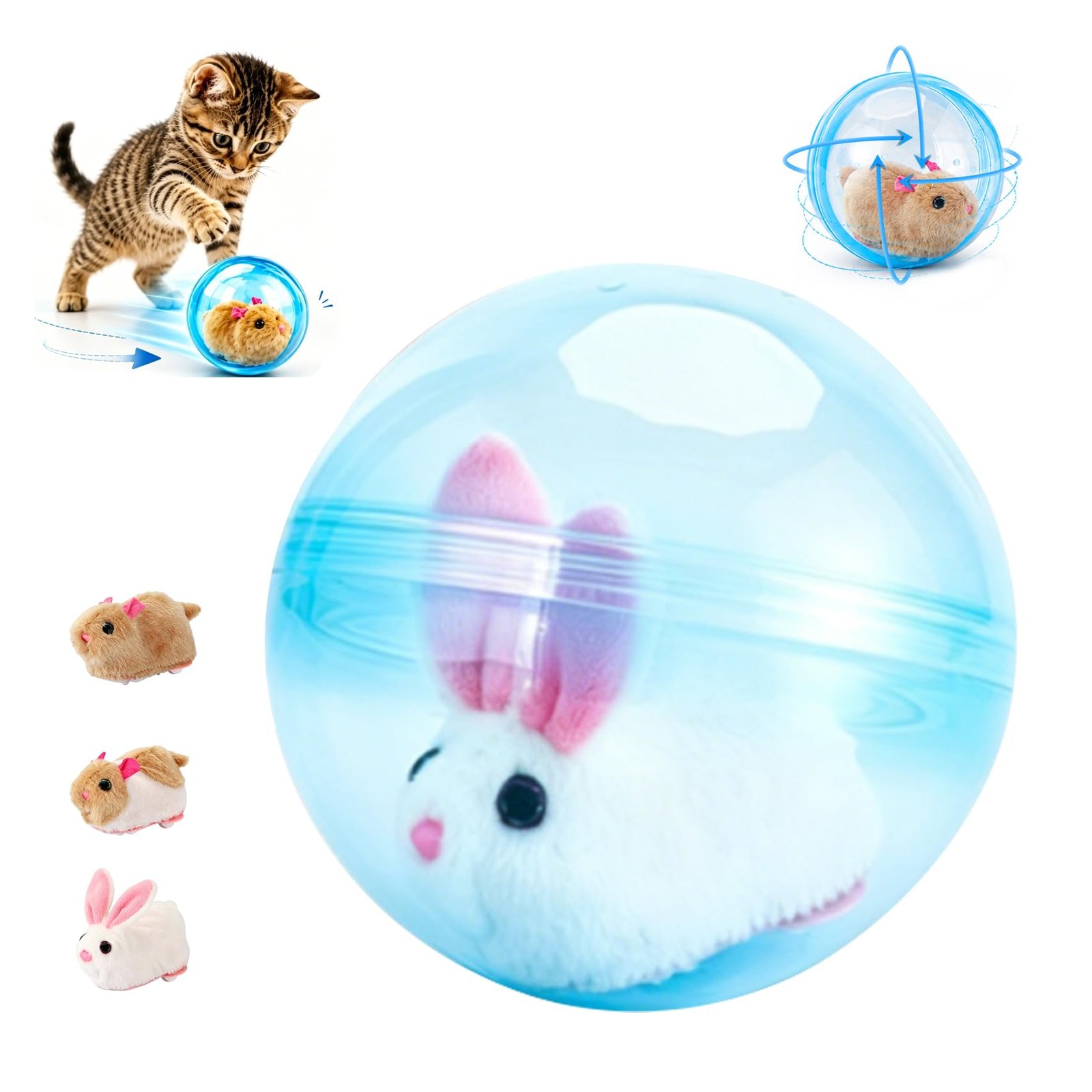 Bola interativa automática a rolar no chão enquanto um gato a persegue numa sala iluminada